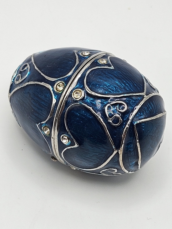 Vintage Other - VINTAGE Blue Enamel Rhinestone Heart Silver Tone Egg Shaped Hinged Trinket Box